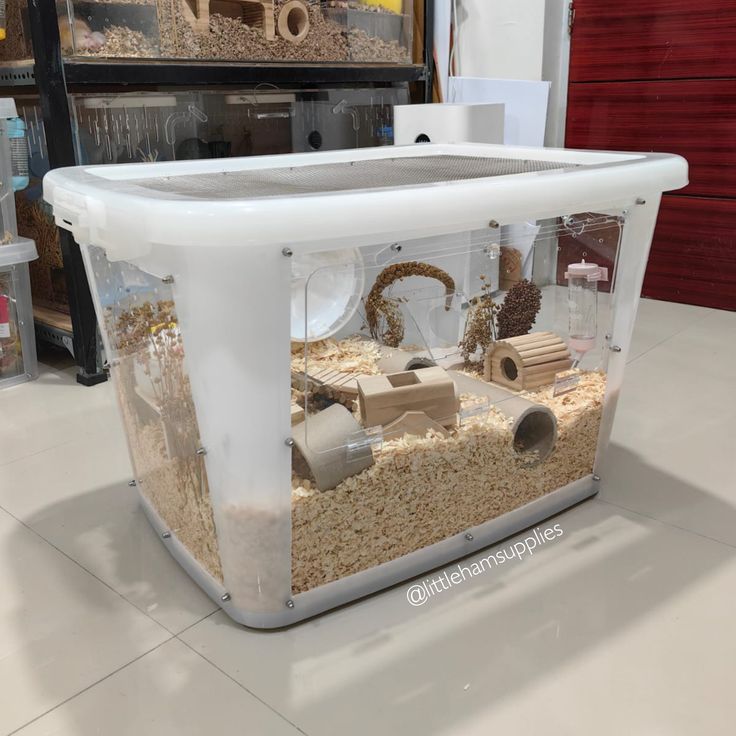 Caixa organizadora adaptada (Bin Cage) com tampa de tela e laterais transparentes, mostrando forração profunda e enriquecimento, ideal para camundongos e hamsters.