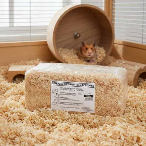 Pacote de serragem prensada de pinus no terrário, mostrando os perigos da forração de roedores que ninguém conta.
